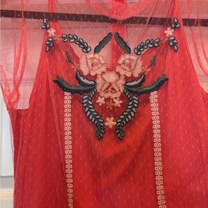 Red Embroidered Mesh Top